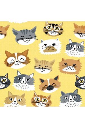 Fabric, A.E. Nathan Fabrics, Yellow Cat Faces Fabric Sold in Multiples of 1/2 M