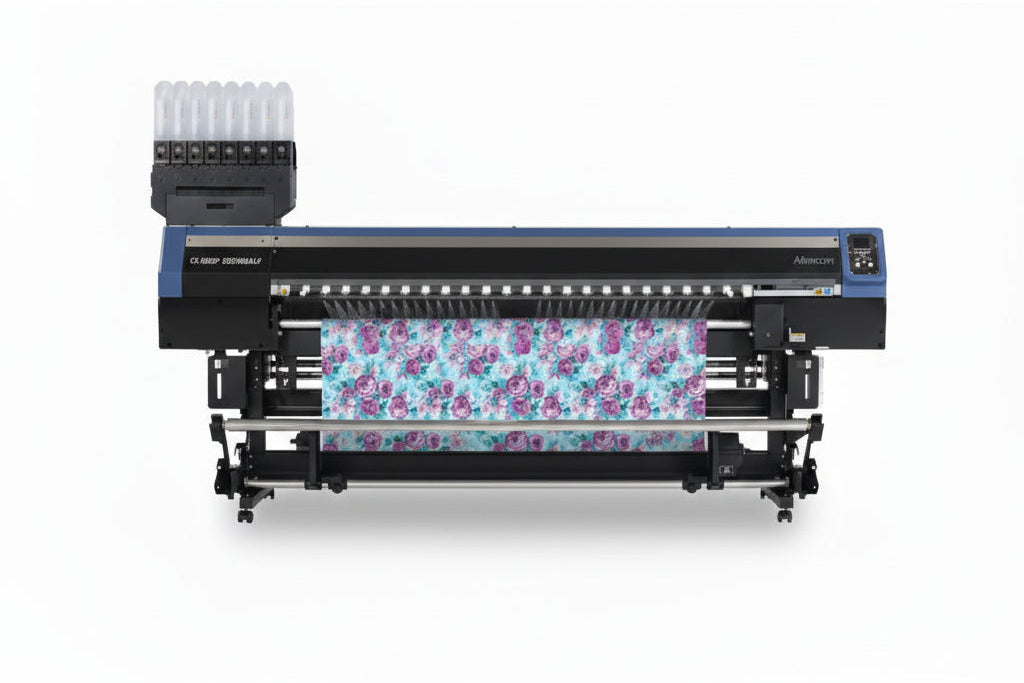 Wide-format printer with a floral design on a banner