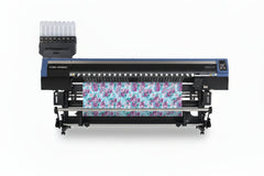 Wide-format printer with a floral design on a banner