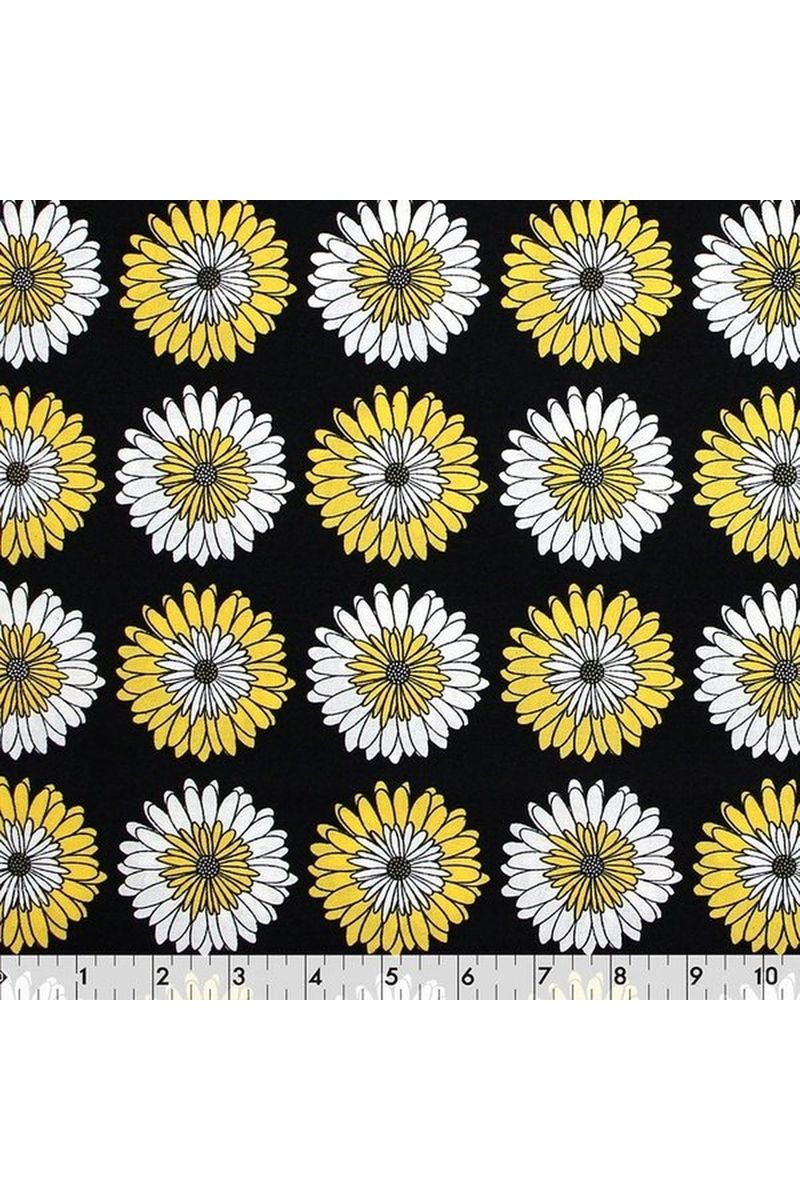 Fabric, Fabric CreationsBlack with Yellow and White Daisy Flowers