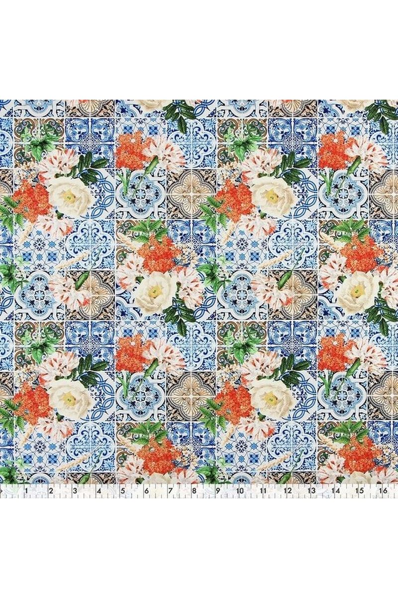 Blue Mosaic Tiles with Flower Bunches