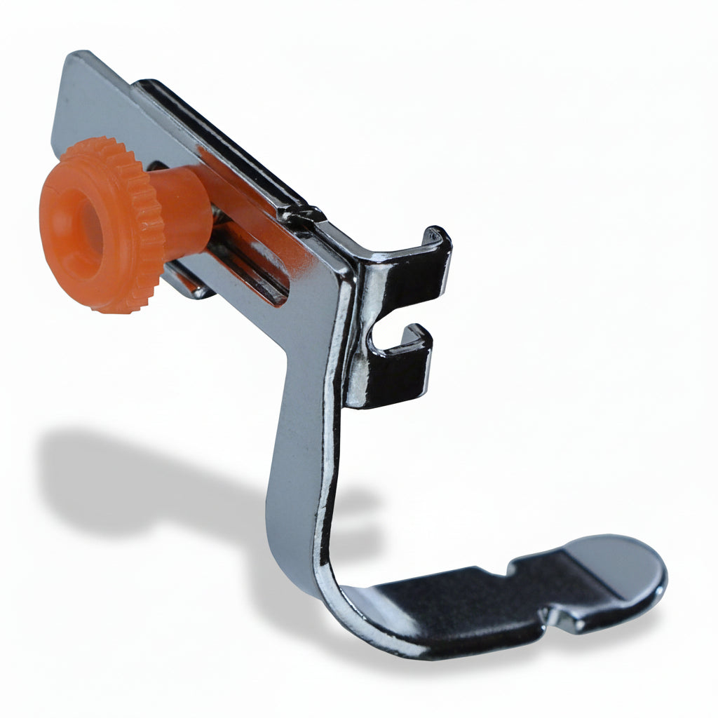 Metal sewing machine foot with orange knob on a white background