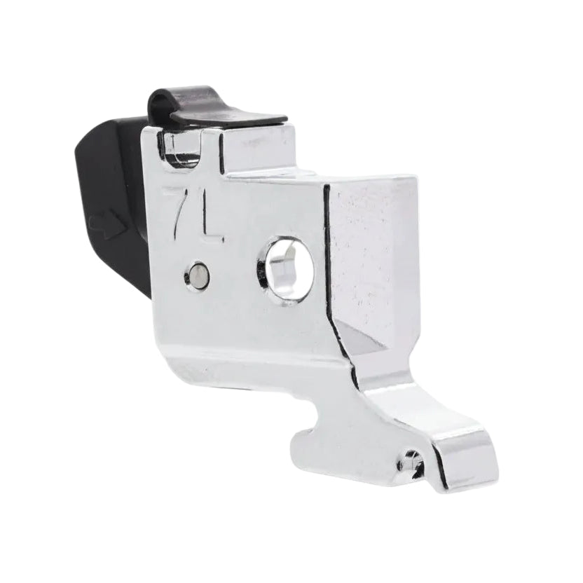 A polished chrome metal mechanical component with a black plastic latch, featuring the engraved characters '7L' on its side, set against a plain white background.