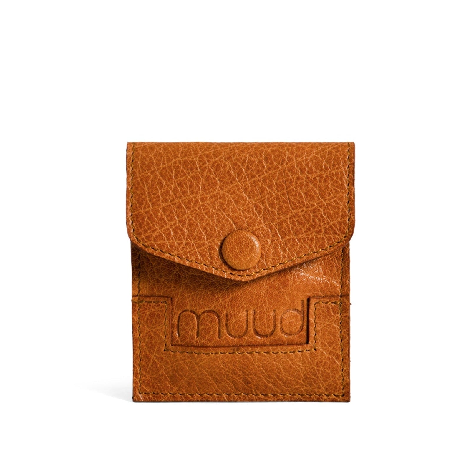 Brown leather pouch with 'muud' branding on a white background