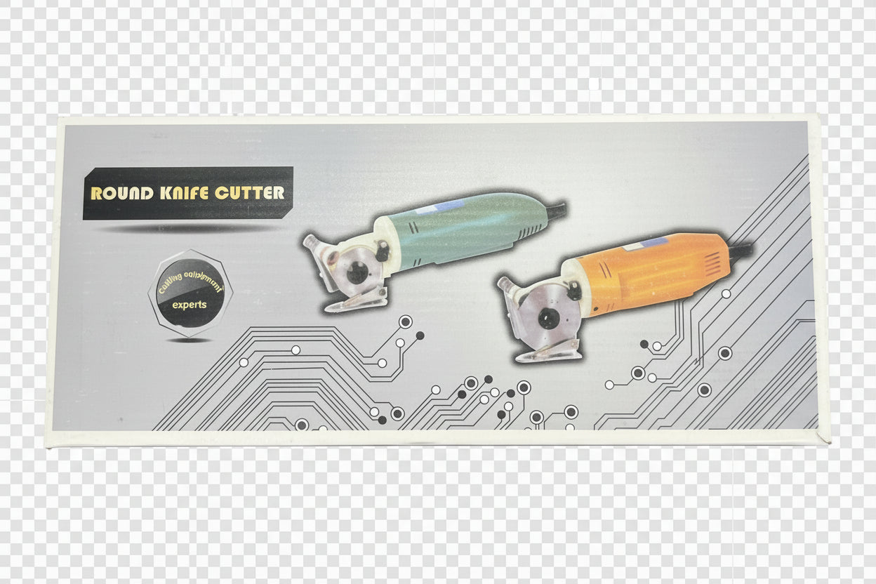A boxed round knife cutter shown against a blue background. The retail box is silver-gray with printed circuit-board line graphics and illustrations of two handheld tools, one mint green and one orange, along with the text 'ROUND KNIFE CUTTER' and a circular badge reading 'expert'.