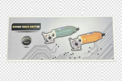 A boxed round knife cutter shown against a blue background. The retail box is silver-gray with printed circuit-board line graphics and illustrations of two handheld tools, one mint green and one orange, along with the text 'ROUND KNIFE CUTTER' and a circular badge reading 'expert'.