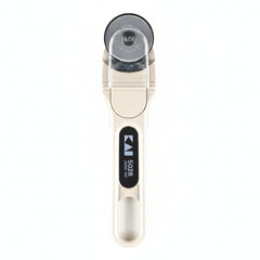 Metallic measuring tool with circular component and brand logo on a white background
