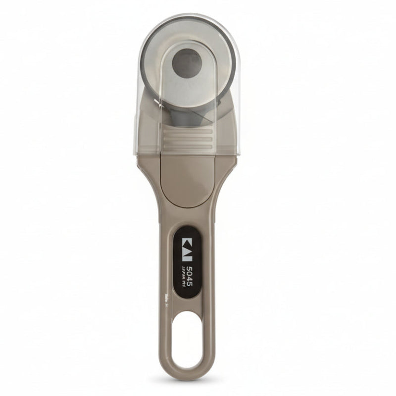 Measuring tool with a clear cylindrical component and metallic handle on a white background