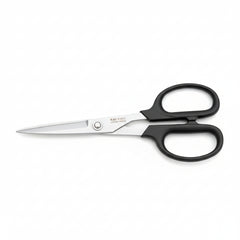 Pair of scissors with black handles on a white background
