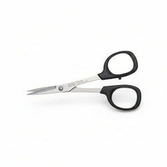 Pair of scissors with black handles on a white background