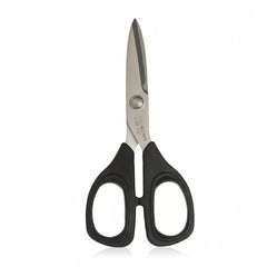 Pair of scissors with black handles on a white background