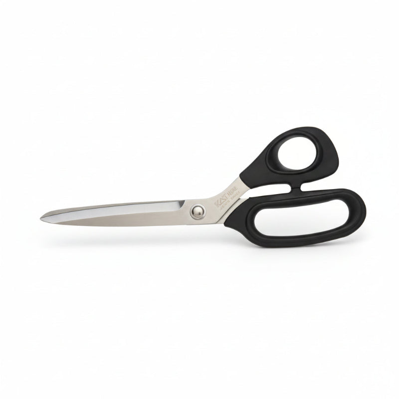Pair of scissors with black handles on a white background