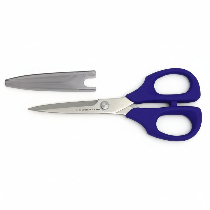 Pair of blue-handled scissors on a white background