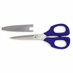 Pair of blue-handled scissors on a white background