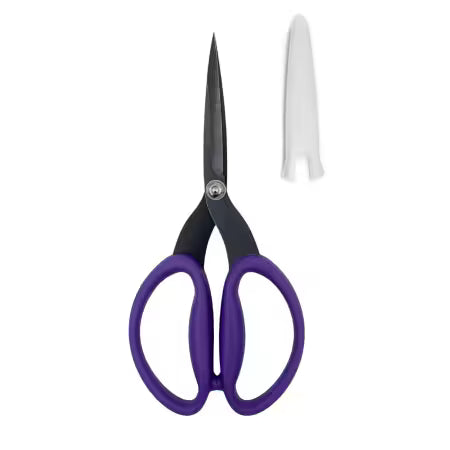 Scissors with purple handles on a white background