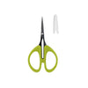 Green-handled scissors with a white background