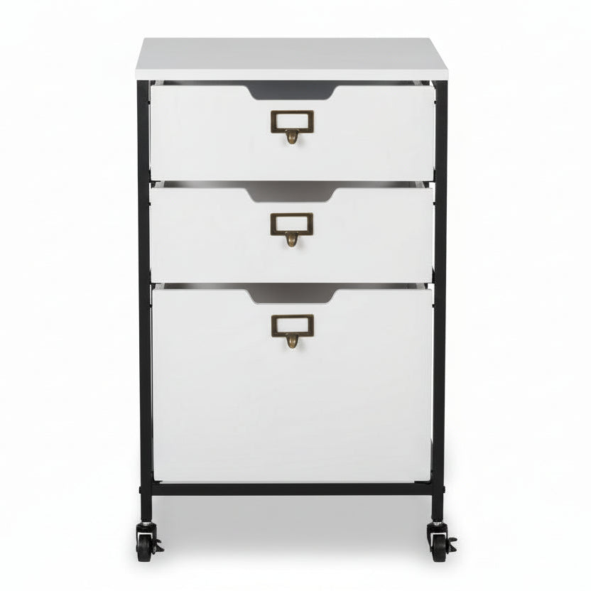 White file cabinet with three drawers on wheels against a white background