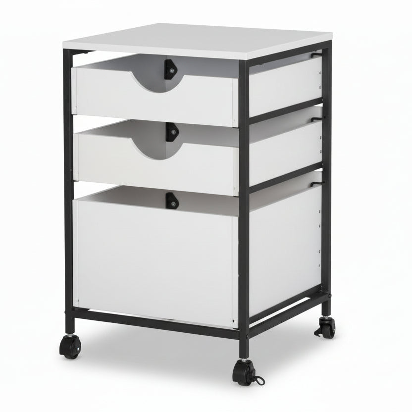 White three-drawer cart with black metal frame and wheels on a white background