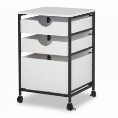 White three-drawer cart with black metal frame and wheels on a white background