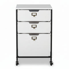 White file cabinet with three drawers on wheels against a white background
