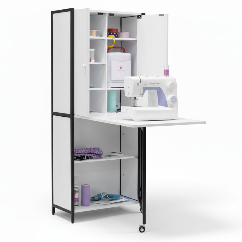 Foldable sewing table with shelves and a sewing machine on a white background