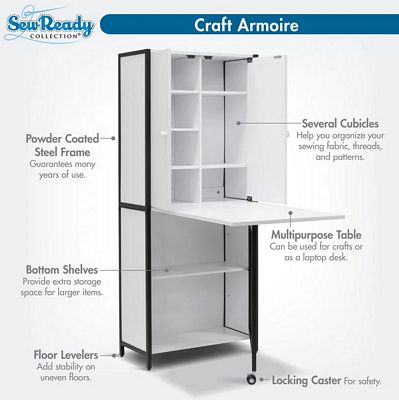 Craft armoire with features highlighted on a white background