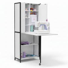 Foldable sewing table with shelves and a sewing machine on a white background