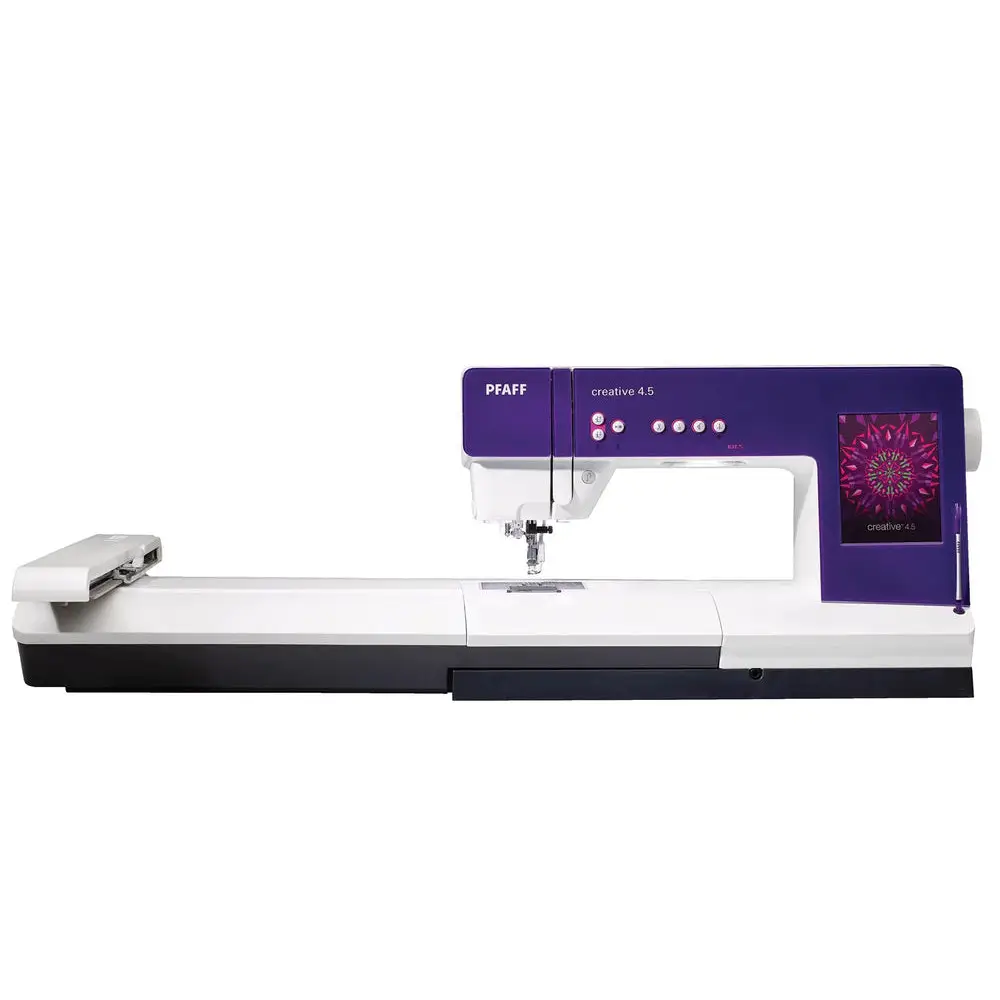 PFAFF creative 4.5 Sewing & Embroidery Machine with a large embroidery area, purple and white color scheme, and a large touch screen display.