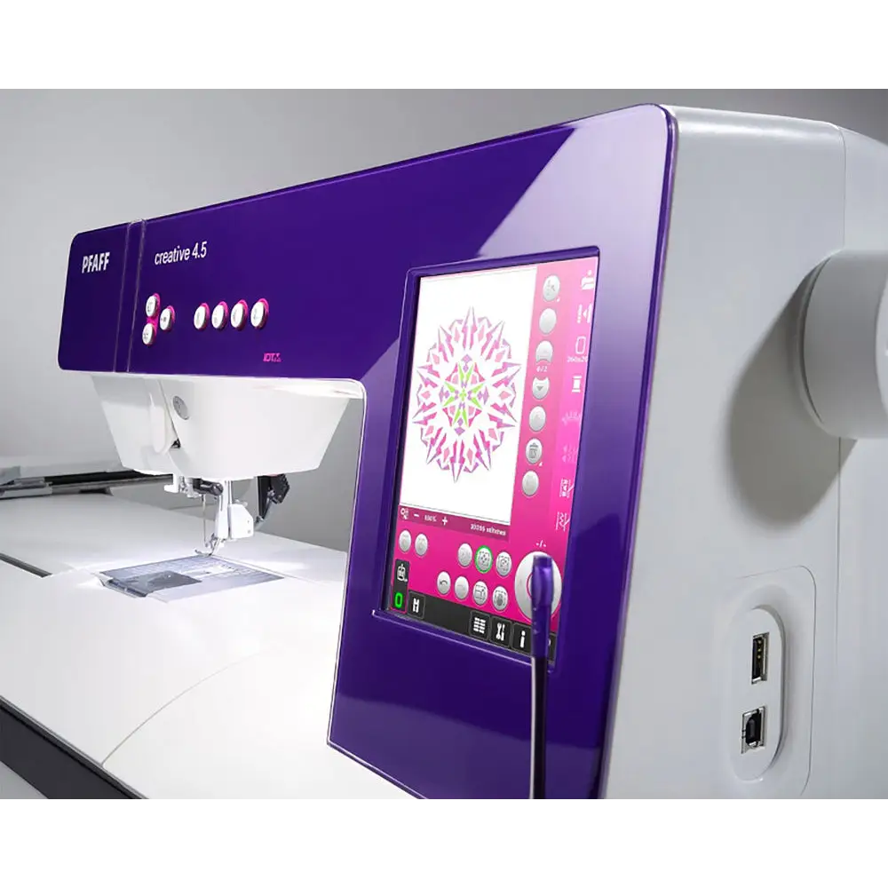 Sewing machine with a digital display and purple control panel on a white background