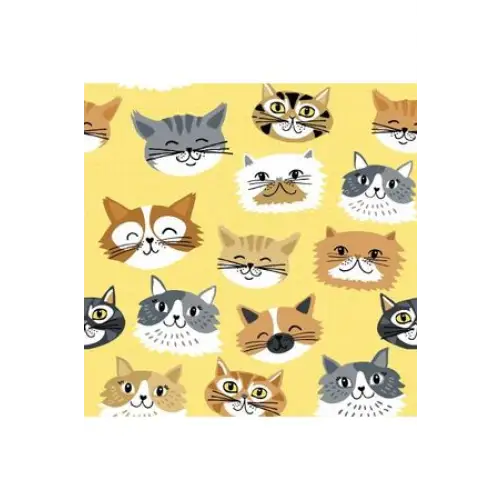 Fabric, A.E. Nathan Fabrics, Yellow Cat Faces Fabric Sold in Multiples of 1/2 M