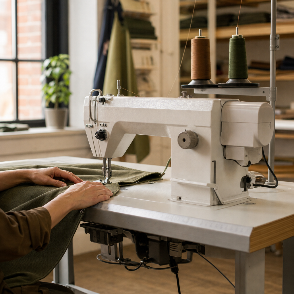 Industrial lockstitch sewing machine on a work table