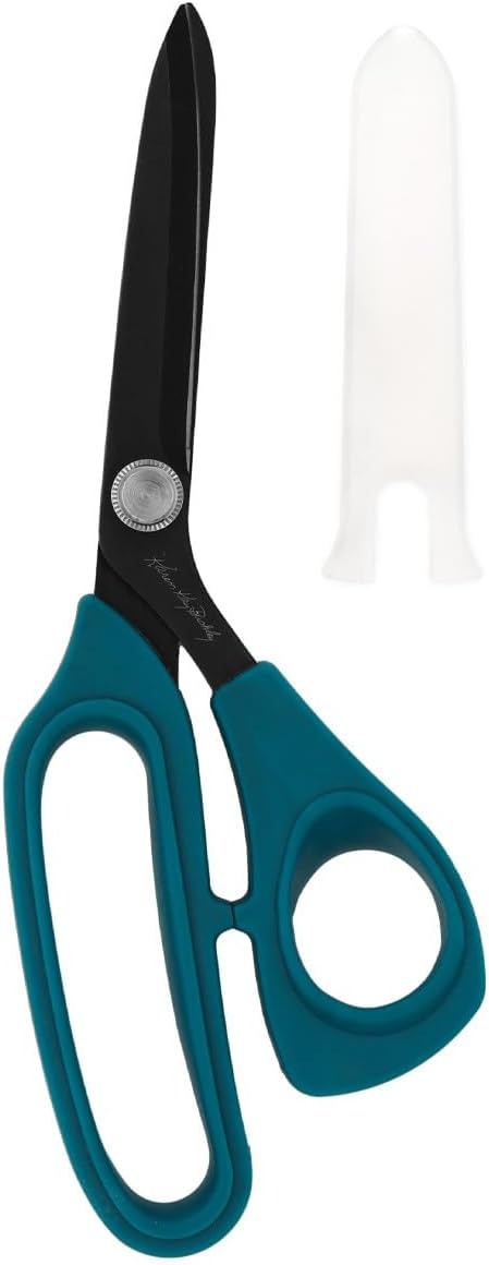 Pair of scissors with blue handles and a white blade on a white background