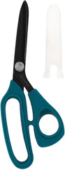 Pair of scissors with blue handles and a white blade on a white background