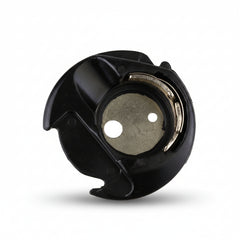 Mechanical component with black housing and metallic interior on a white background