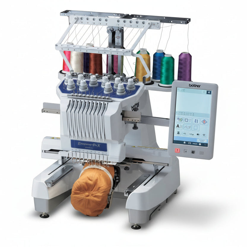 Brother embroidery machine with colorful thread spools and a digital display on a white background