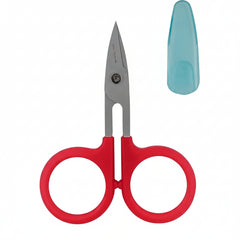Red-handled scissors with a teal sheath on a white background