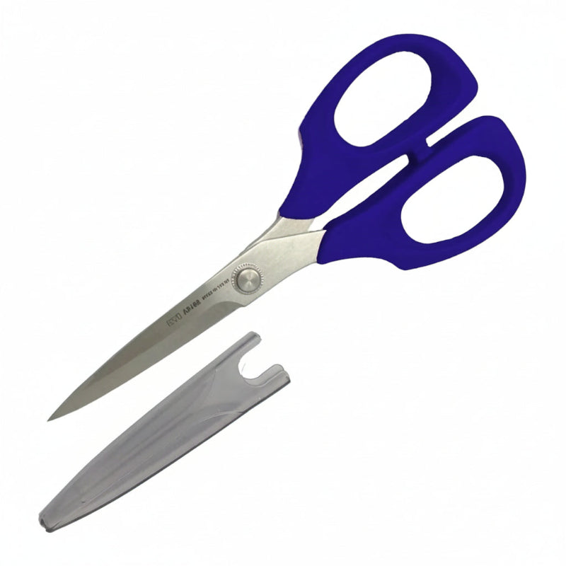 Pair of scissors with blue handles and a metal sheath on a white background