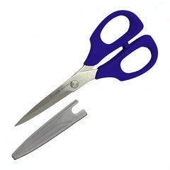 Pair of scissors with blue handles and a metal sheath on a white background