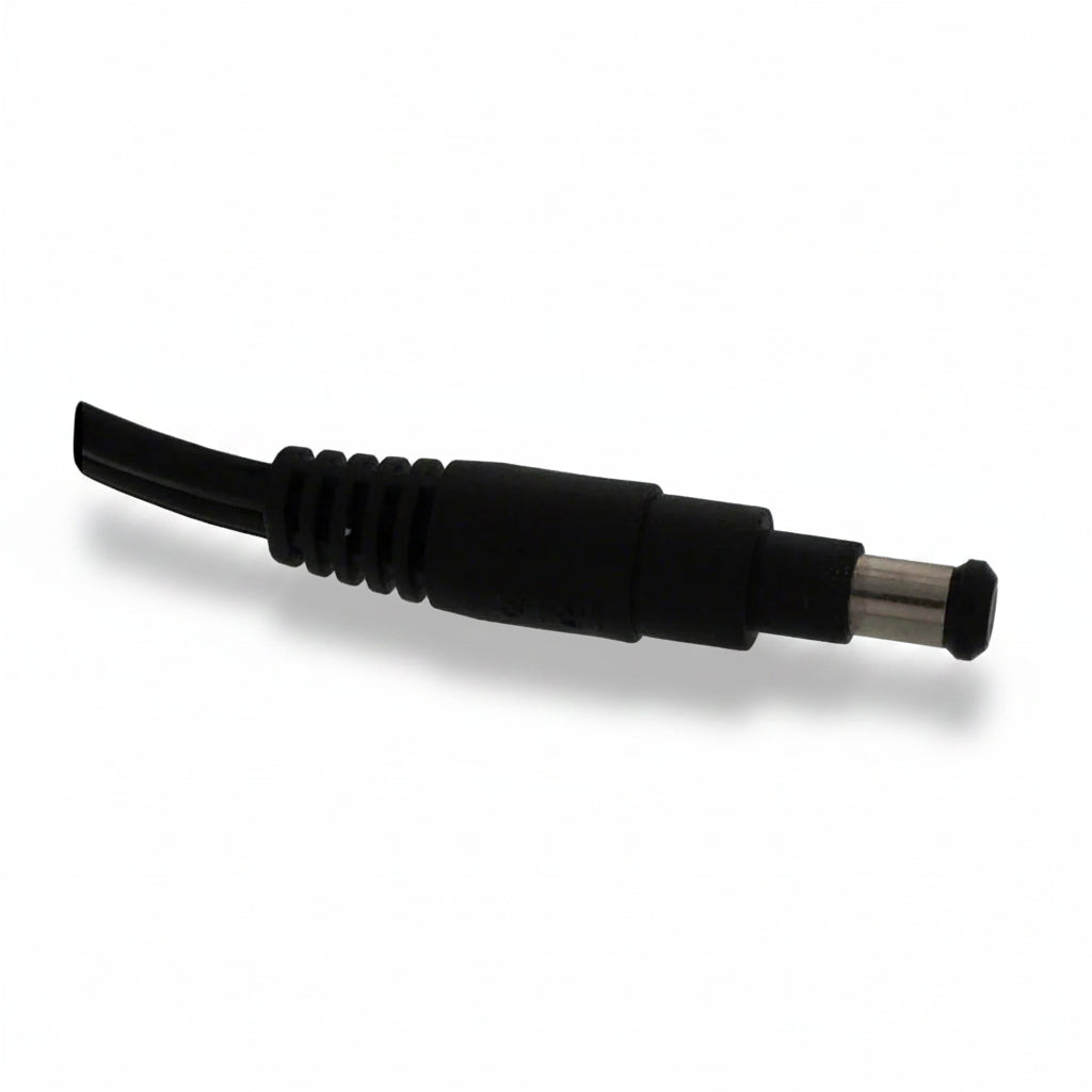 A close-up of a black DC power adapter plug with a ribbed strain-relief section and a silver metal pin, shown on a plain white background.