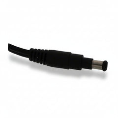 A close-up of a black DC power adapter plug with a ribbed strain-relief section and a silver metal pin, shown on a plain white background.