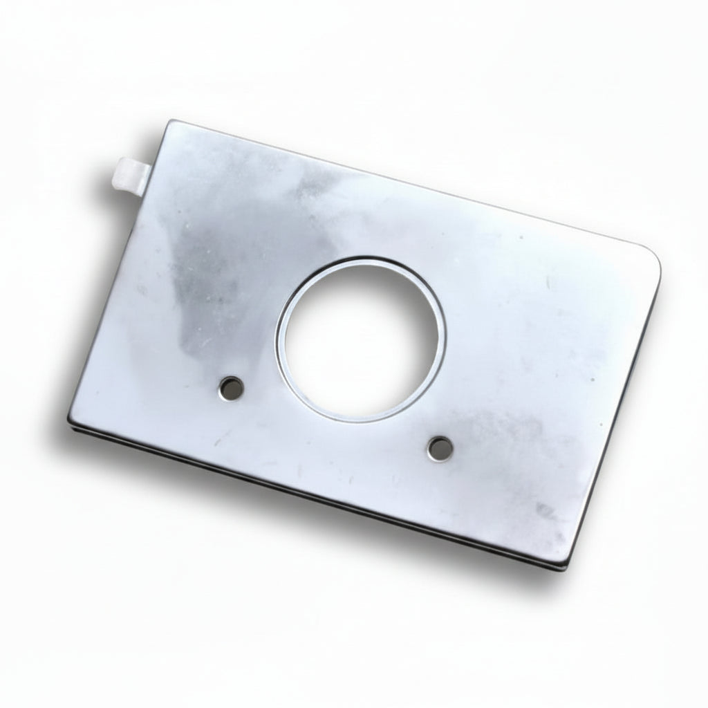 Metallic rectangular plate with a circular component on a white background