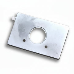 Metallic rectangular plate with a circular component on a white background