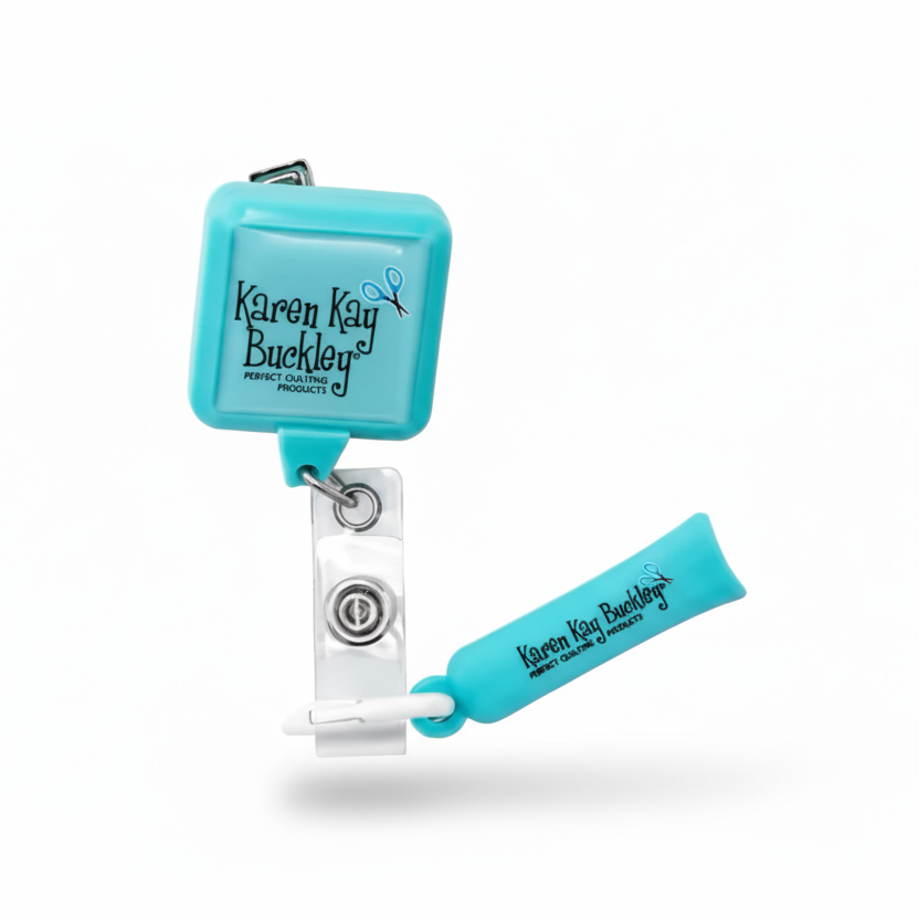 Turquoise badge holder with attached strap on a white background