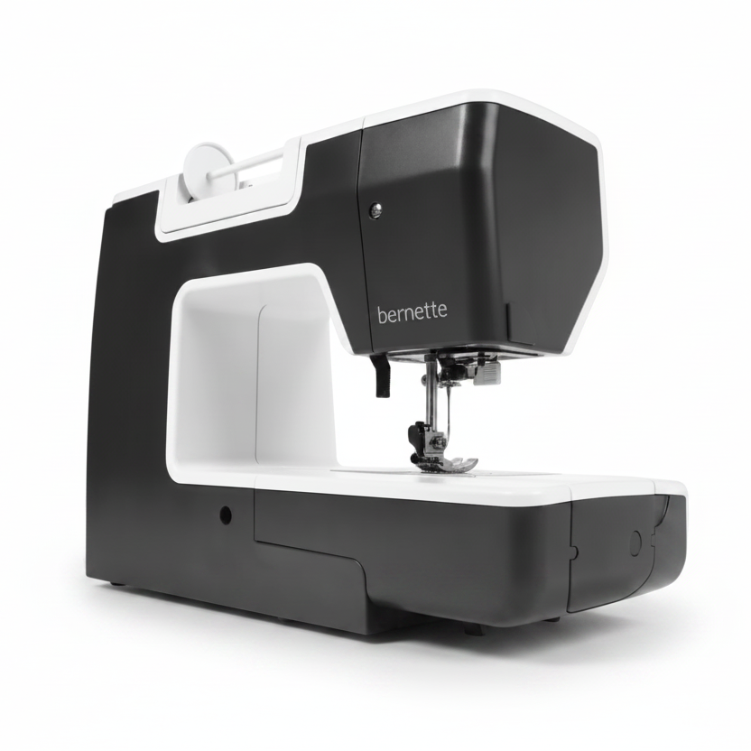 A BERNETTE compact sewing machine in black and white, shown from a three-quarter angle on a solid white background.
