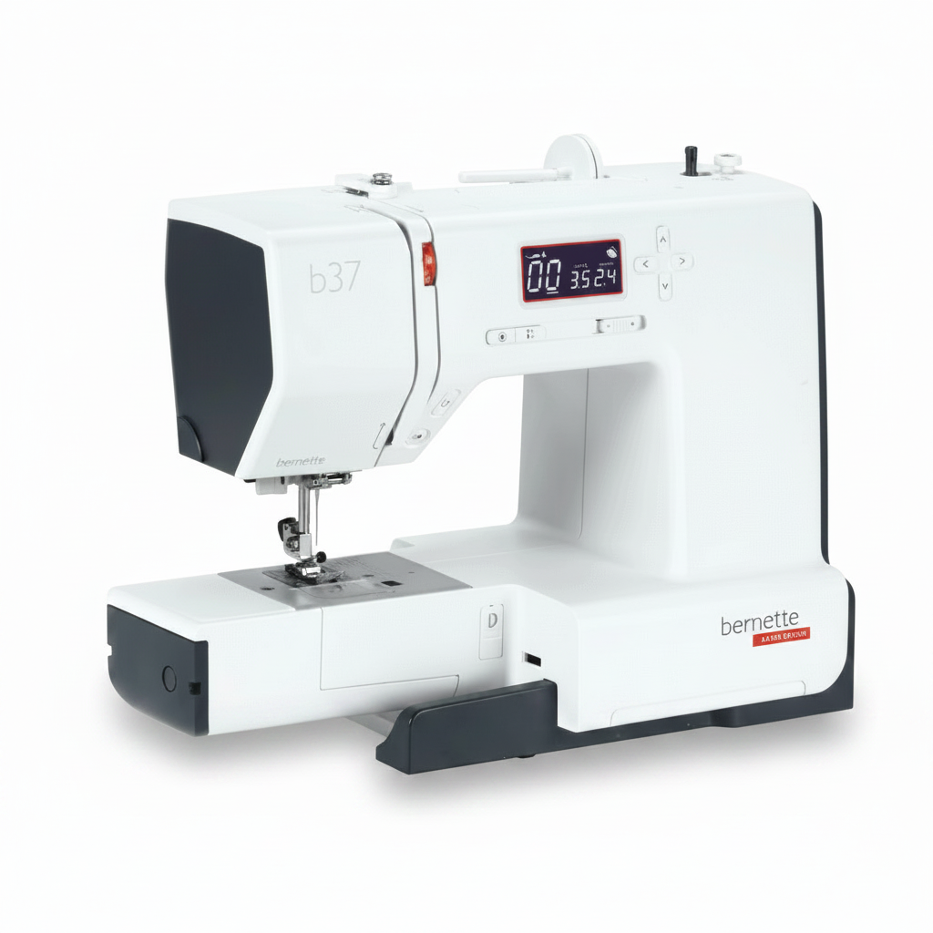A BERNETTE B37 sewing machine in white and black, featuring a digital LCD display screen on the upper right, shown against a plain white background.