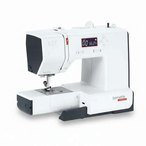 A BERNETTE B37 sewing machine in white and black, featuring a digital LCD display screen on the upper right, shown against a plain white background.