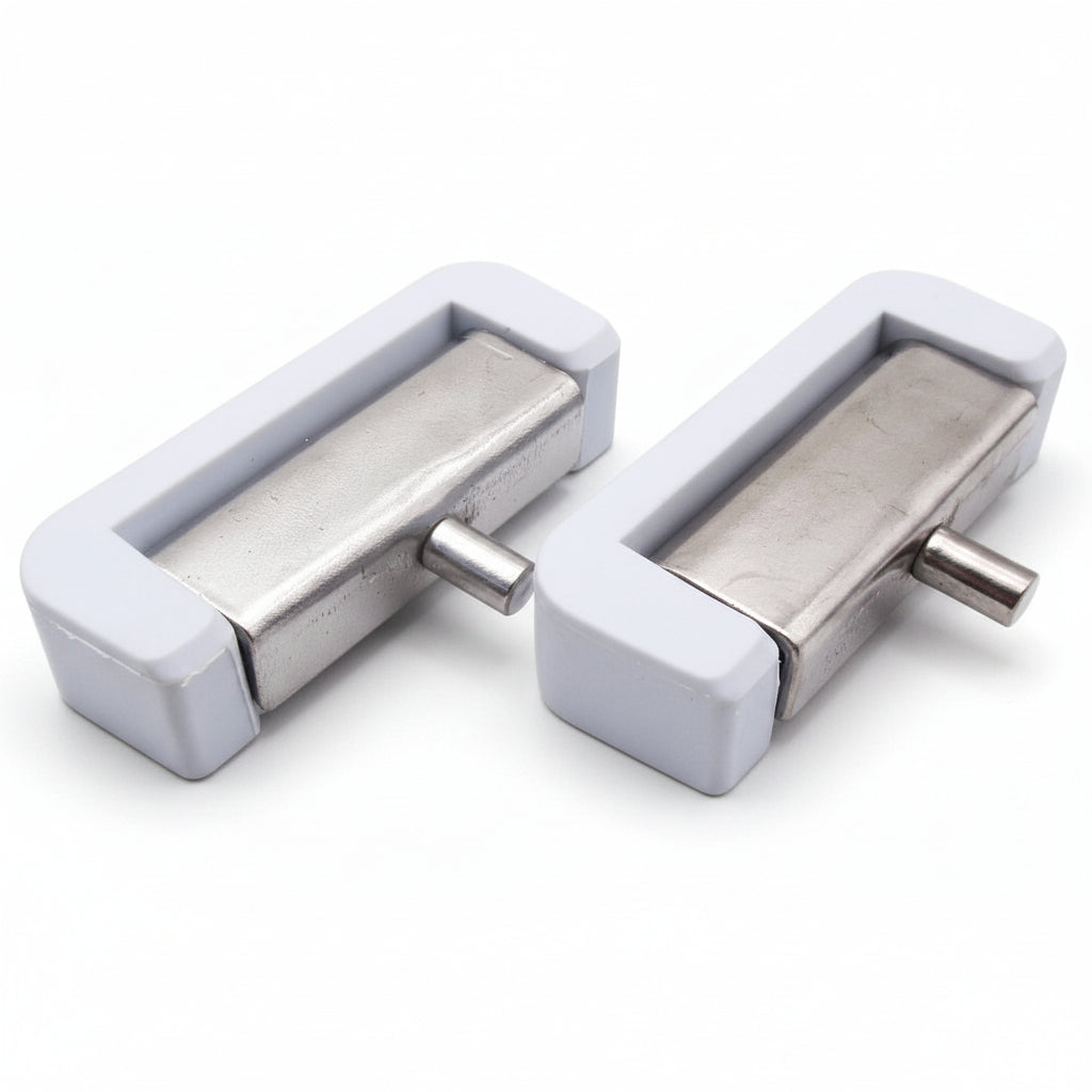 Two metallic door handles with white plastic covers on a white background