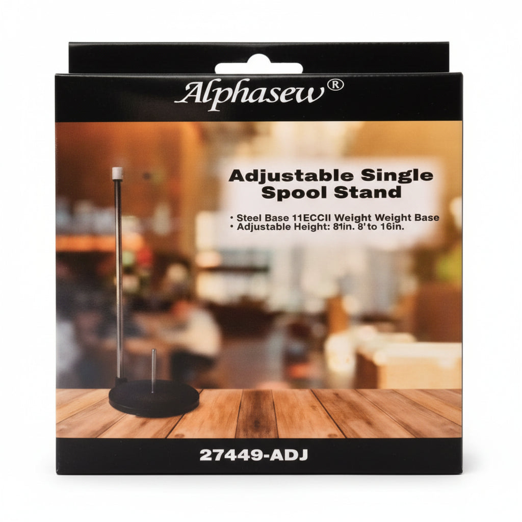 AlphaSew adjustable single spool stand packaging on a blurred background