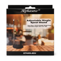 AlphaSew adjustable single spool stand packaging on a blurred background