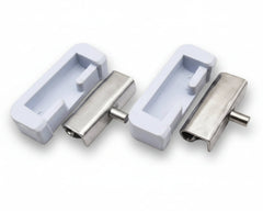 Two metal door handles with plastic covers on a white background